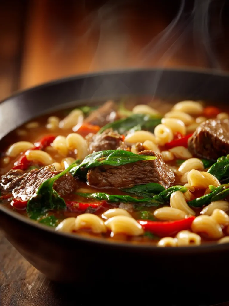 Hearty Beef Macaroni Soup with White Beans & Spinach First Image